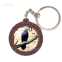 Edgar Allan Poe Raven Glass Cabochon Keychain Goth Raven Wooden Keys Pendant Accessories for Men Women Halloween Gift