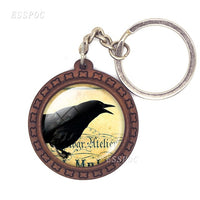 Edgar Allan Poe Raven Glass Cabochon Keychain Goth Raven Wooden Keys Pendant Accessories for Men Women Halloween Gift