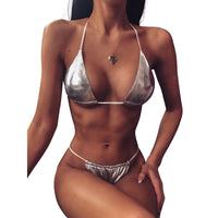 Bikini Set Metallic Shiny Wet Look Bra Micro G-string Thong Lingerie Underwear Swimwear Women Swimsuit