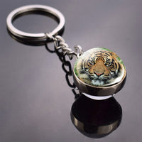 Tiger Keychain Animal Tiger Picture Glass Ball Keychain Double Side Cabochon Glass Pendant Metal Keyring Tiger Jewelry for Men