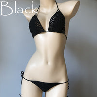 Women Sexy Micro Mini Bikini Set Black Lingerie Set Thong G-String Bra Handmade Crochet Swimwear