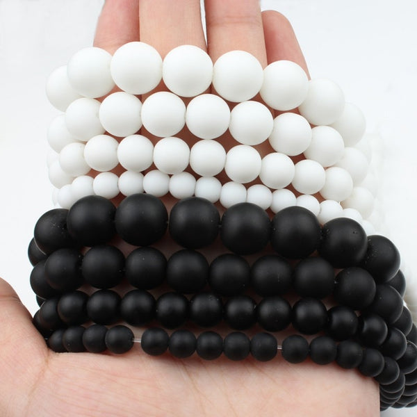 Natural Stone White Black Dull Polish Matte Onyx Agates Smooth Round Beads for Jewelry Making DIY Bracelet 15" Strand 4-12mm