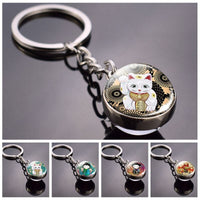 Japanese Lucky Cat Keychain Japanese Doll Picture Glass Ball Key Chain Lucky for Men for Women Christmas Gifts for Kids