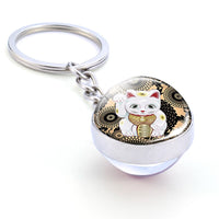 Japanese Lucky Cat Keychain Japanese Doll Picture Glass Ball Key Chain Lucky for Men for Women Christmas Gifts for Kids