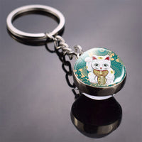 Japanese Lucky Cat Keychain Japanese Doll Picture Glass Ball Key Chain Lucky for Men for Women Christmas Gifts for Kids