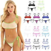 Adult See Through Mesh Sheer Bathing Suit Mini Swimwear Self-Tie Micro Bra Top with G-String Thong Women Sexy Bikini Set