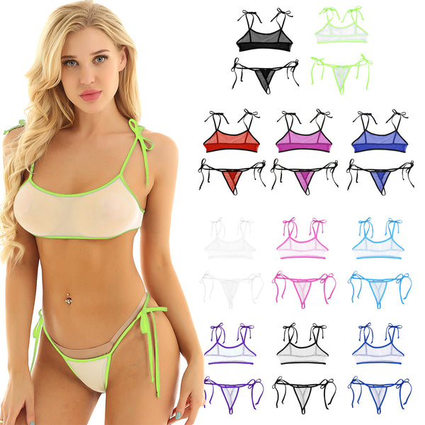 Adult See Through Mesh Sheer Bathing Suit Mini Swimwear Self-Tie Micro Bra Top with G-String Thong Women Sexy Bikini Set