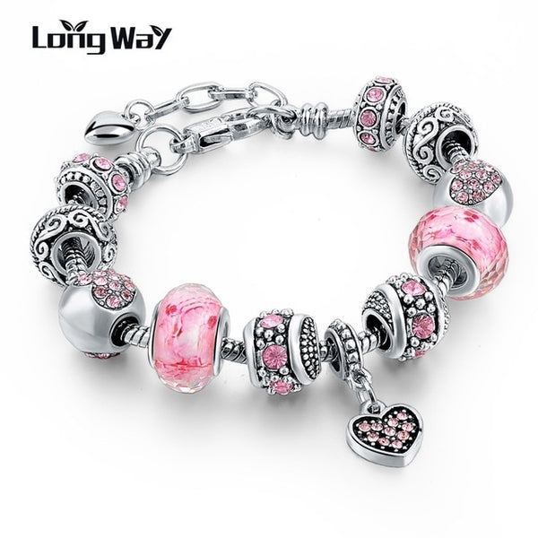 Jewelry Pink Crystal Charm Women Bracelets Silver Chain Bracelets Bangles Femme Pulsera