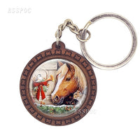 Horse Wooden Keychain Horse Picture Glass Cabochon Keychain Wooden Jewelry Aanimal Key Pendant Christmas Gifts Dropshipping