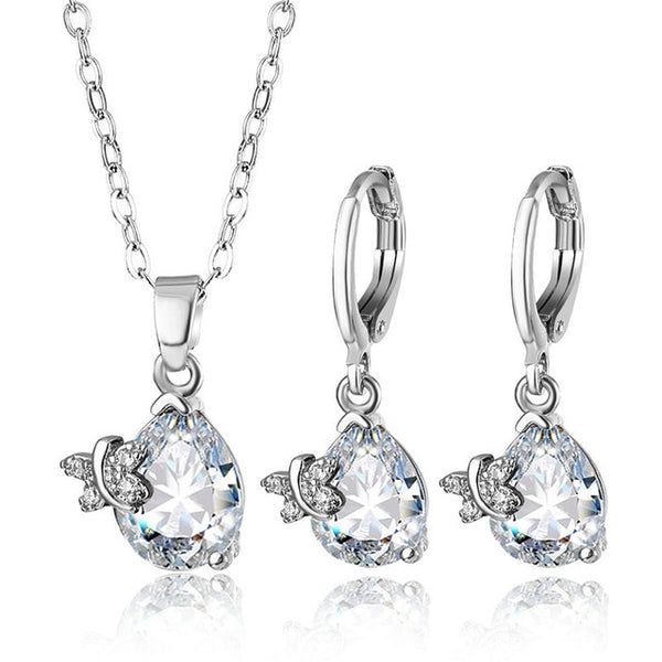 Silver Clear Crystal Zircon Bridal Wedding Jewelry Sets for Women Blue Water Drop CZ Necklaces Earrings Set