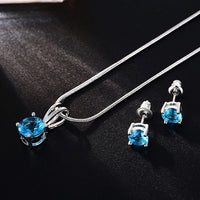 Silver Clear Crystal Zircon Bridal Wedding Jewelry Sets for Women Blue Water Drop CZ Necklaces Earrings Set