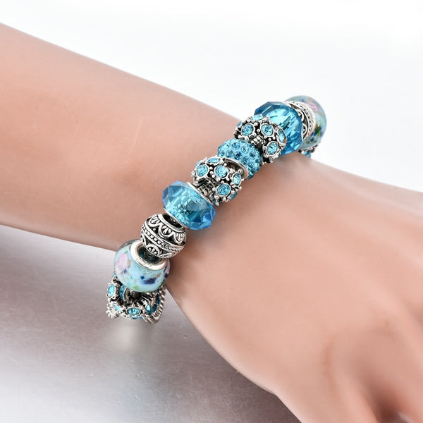 Blue Crystal Beads Charm Bracelets Bangles Silver Bracelets for Women Femme Wedding DIY Jewelry Bracelet