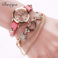 Watches Women Rose Gold Heart Leather Wristwatch Ladies Chain Quartz Clock Christmas Gift