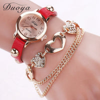 Watches Women Rose Gold Heart Leather Wristwatch Ladies Chain Quartz Clock Christmas Gift