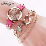 Watches Women Rose Gold Heart Leather Wristwatch Ladies Chain Quartz Clock Christmas Gift