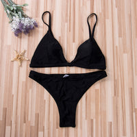 Thong Bikini Set Women Swimwear Pure Color Push Up Padded Swimsuit Women Bathing Suit Beachwear