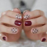 Natural Faux Ongles Dark Maroon Red Gorgeous French Tip Glossy Top Square Medium Size Tips for Daily