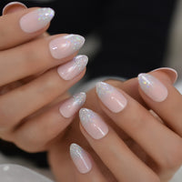 Holographic Glitter Nails Fake Short Stiletto False Nails Ling Pink Shimmer Nail Art Manicure Tips 24