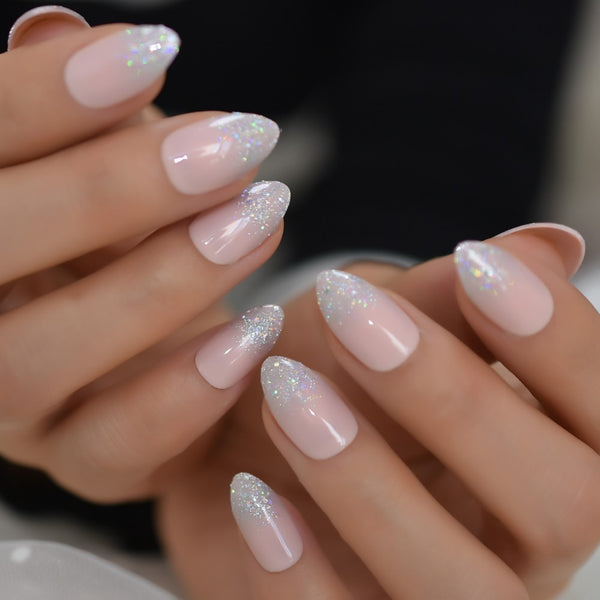 Holographic Glitter Nails Fake Short Stiletto False Nails Ling Pink Shimmer Nail Art Manicure Tips 24