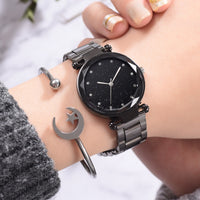 Women Steel Watches Black Watch Ladies Casual Quartz Stainless Marble Strap Dress Watch