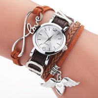 Watches for Women Silver Heart Pendant Leather Belt Quartz Clock Ladies Wrist Watch