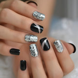 Rough Silver Glitter Faux Ongles Short Black Nails Fake Bling Lady Artificial Acrylic Nail Tips for Fingers