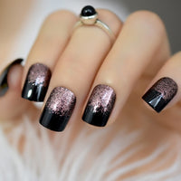 Rough Silver Glitter Faux Ongles Short Black Nails Fake Bling Lady Artificial Acrylic Nail Tips for Fingers