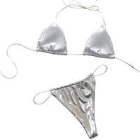 Bikini Set Metallic Shiny Wet Look Bra Micro G-string Thong Lingerie Underwear Swimwear Women Swimsuit