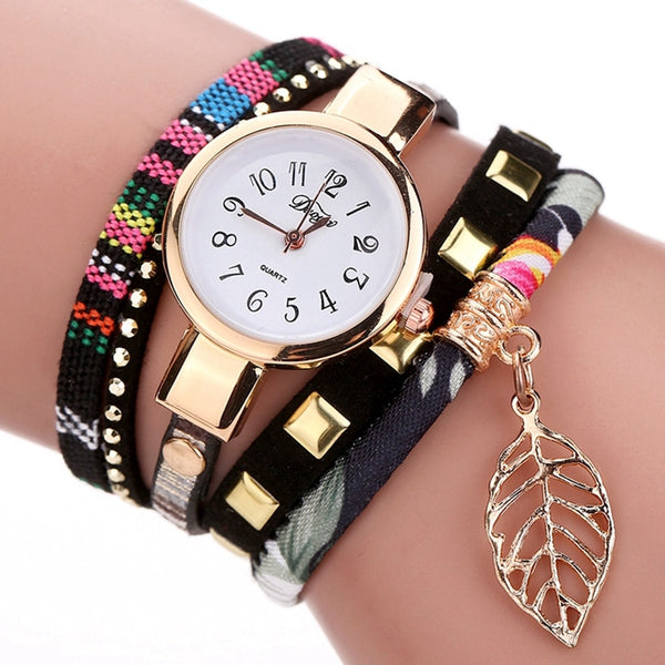 Ladies Watches Women Leaf Fabric Gold Wrist for Women Vintage Sport Dress Clock Watch Gift