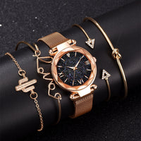 Rose Gold Starry Sky Dial Watches Women Ladies Crystal Quartz Wrist Watch Set