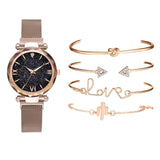 Rose Gold Starry Sky Dial Watches Women Ladies Crystal Quartz Wrist Watch Set