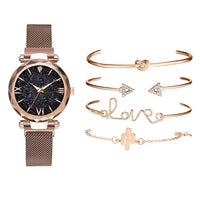 Rose Gold Starry Sky Dial Watches Women Ladies Crystal Quartz Wrist Watch Set