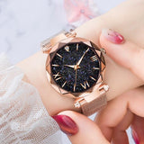 Watches for Women Rose Gold Mesh Magnet Buckle Starry Quartz Watch Geometric Surface Casual Women Quartz Wristwatch