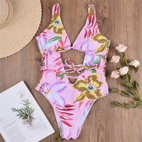 Sexy Women Swimwear Micro Bikini Set Bra Mini G-String Thongs Hollow Out Lace-Up Print High Waist Bathing Swimsuit