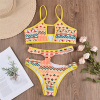 Sexy Women Swimwear Micro Bikini Set Bra Mini G-String Thongs Hollow Out Lace-Up Print High Waist Bathing Swimsuit