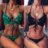 2pcs Women Sexy Leopard Print Swimwear Bikini Set Bra Tie Side G-String Thong Beach Triangle Suit Swimsuit Bathing Suit