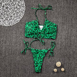 2pcs Women Sexy Leopard Print Swimwear Bikini Set Bra Tie Side G-String Thong Beach Triangle Suit Swimsuit Bathing Suit