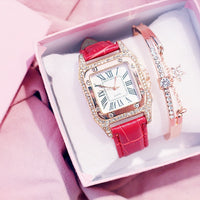 Women Watch Starry Square Dial Watches Set Ladies Leather Band Quartz Wristwatch Female Clock