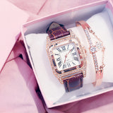 Women Watch Starry Square Dial Watches Set Ladies Leather Band Quartz Wristwatch Female Clock