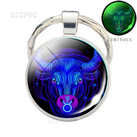 Glow In The Dark Zodiac Keychain Luminous 12 Zodiac Signs Glass Cabochon Keychain Boyfriend Girlfriend Best Friend Birthday Gift