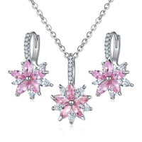 Jewelry Set Copper Pink zirconia Earring Pendant Necklace Women Silver Jewelry