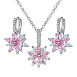 Jewelry Set Copper Pink zirconia Earring Pendant Necklace Women Silver Jewelry