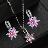 Jewelry Set Copper Pink zirconia Earring Pendant Necklace Women Silver Jewelry