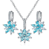 Blue Zircon Necklace Earrings Jewelry Sets for Women Silver Flower CZ Anniversary Gift