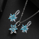 Blue Zircon Necklace Earrings Jewelry Sets for Women Silver Flower CZ Anniversary Gift