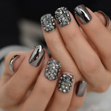 Strass Fake Nails Square Metallic Nail Art Tips Gun Dark Grey Mirror Nail Crystal Decorated Manicure Fingernails with Glue Tabs