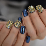 Strass Fake Nails Square Metallic Nail Art Tips Gun Dark Grey Mirror Nail Crystal Decorated Manicure Fingernails with Glue Tabs