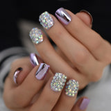 Strass Fake Nails Square Metallic Nail Art Tips Gun Dark Grey Mirror Nail Crystal Decorated Manicure Fingernails with Glue Tabs