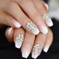 Strass Fake Nails Square Metallic Nail Art Tips Gun Dark Grey Mirror Nail Crystal Decorated Manicure Fingernails with Glue Tabs