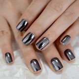 Strass Fake Nails Square Metallic Nail Art Tips Gun Dark Grey Mirror Nail Crystal Decorated Manicure Fingernails with Glue Tabs